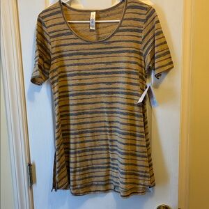 LuLaRoe Tan and Gray Striped Short Sleeve Tee